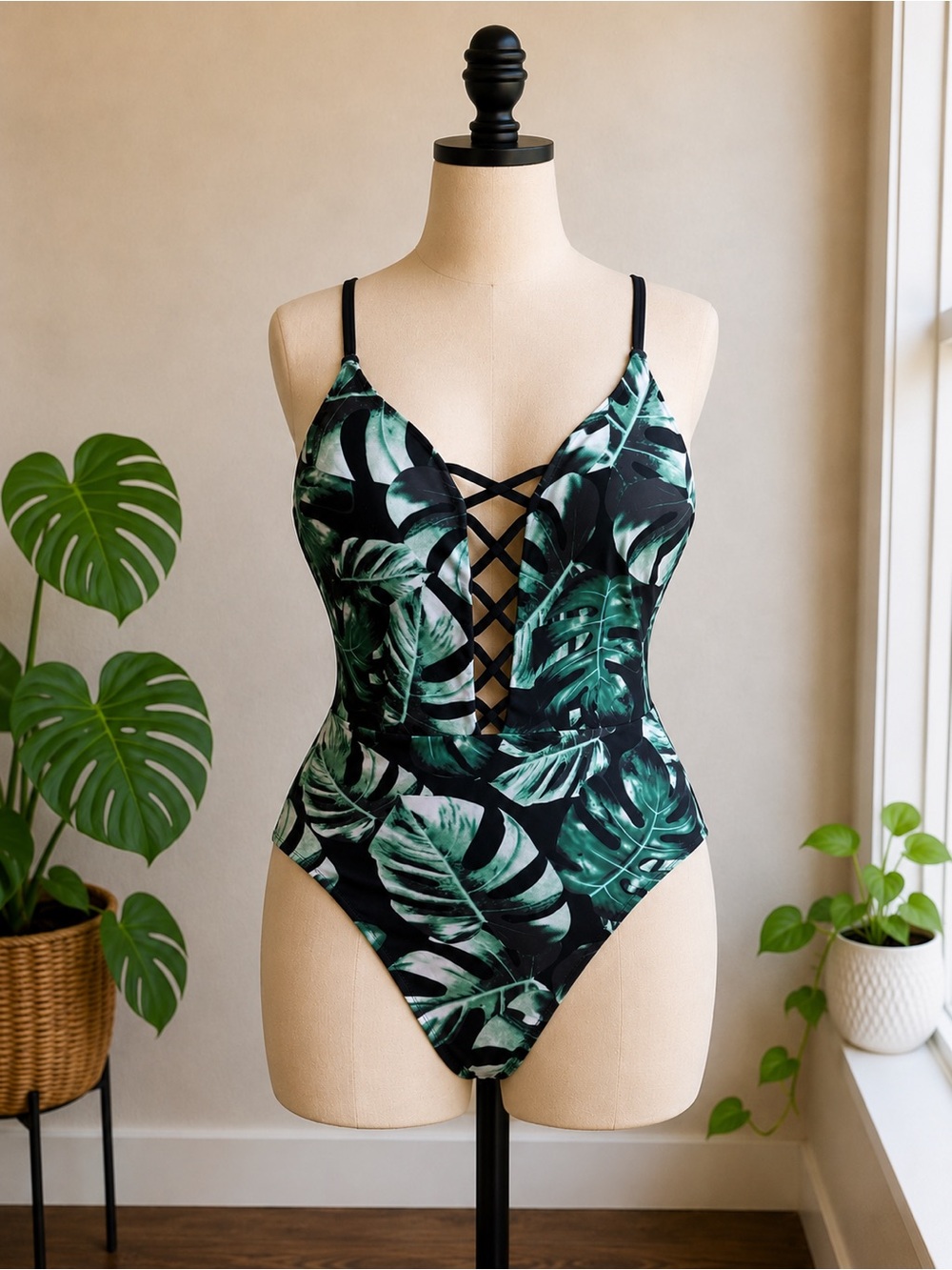 Tropical Monstera Leaf Lace Up One Piece Swimsuit Size XL